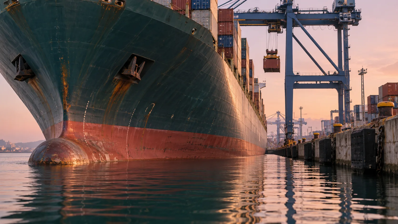 KERTE MERSİN at the berth seen from the water off her port bow: the raked stem, the red antifouling and black boot top meeting the sea, and the ship's name on the bow under a working gantry.