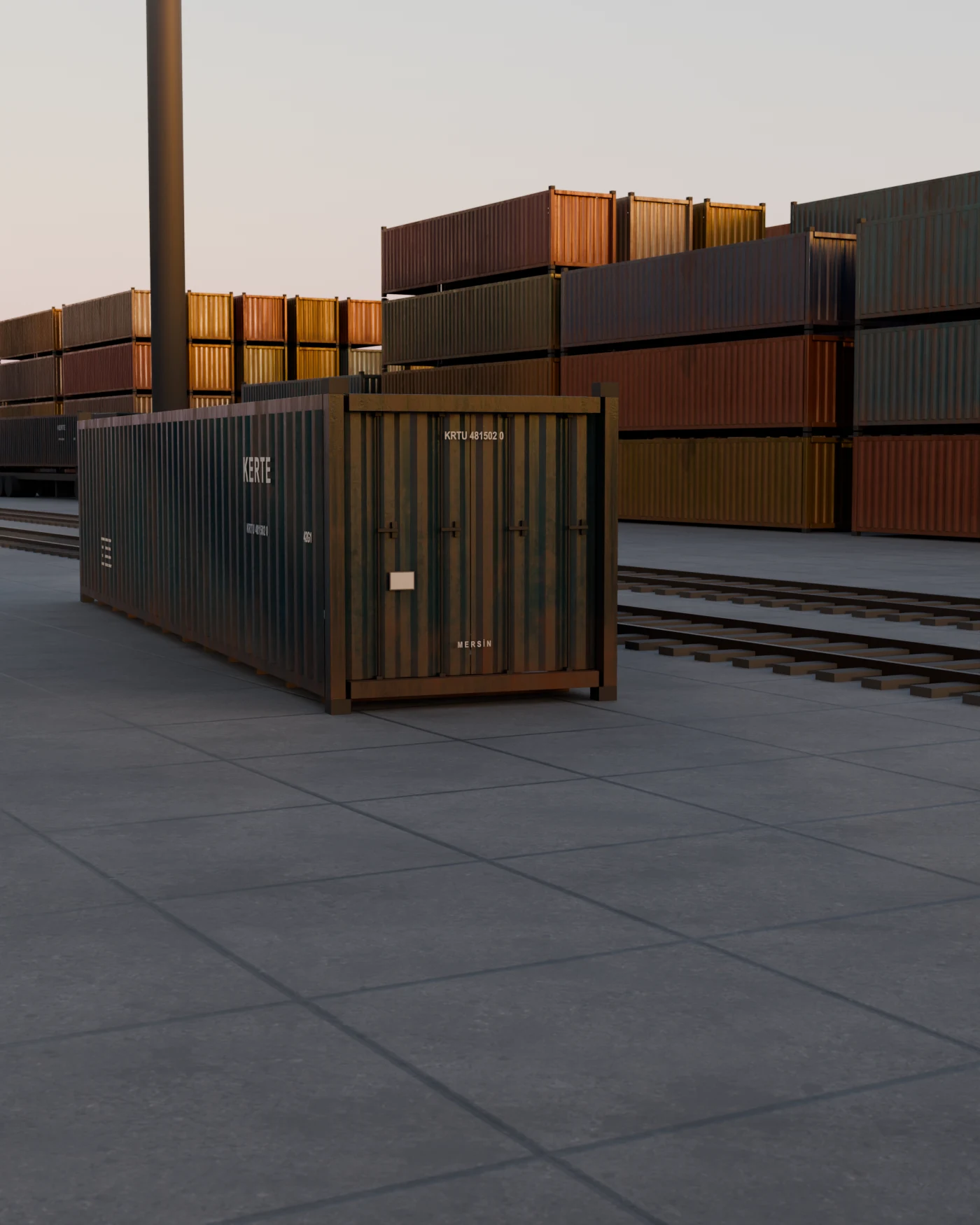 The door end of a KERTE container, showing four vertical locking bars with cam keepers and handles, hinges, and the CSC plate.