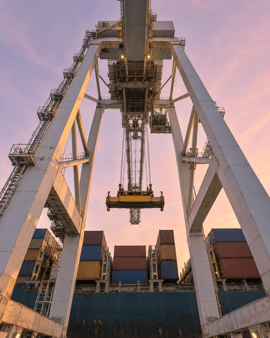 Looking up the boom of a ship-to-shore gantry from the water at dawn, the spreader hanging over the ship.