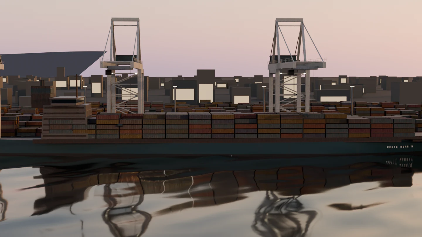 The same ship loaded to her summer mark, sitting deep with the antifouling submerged.