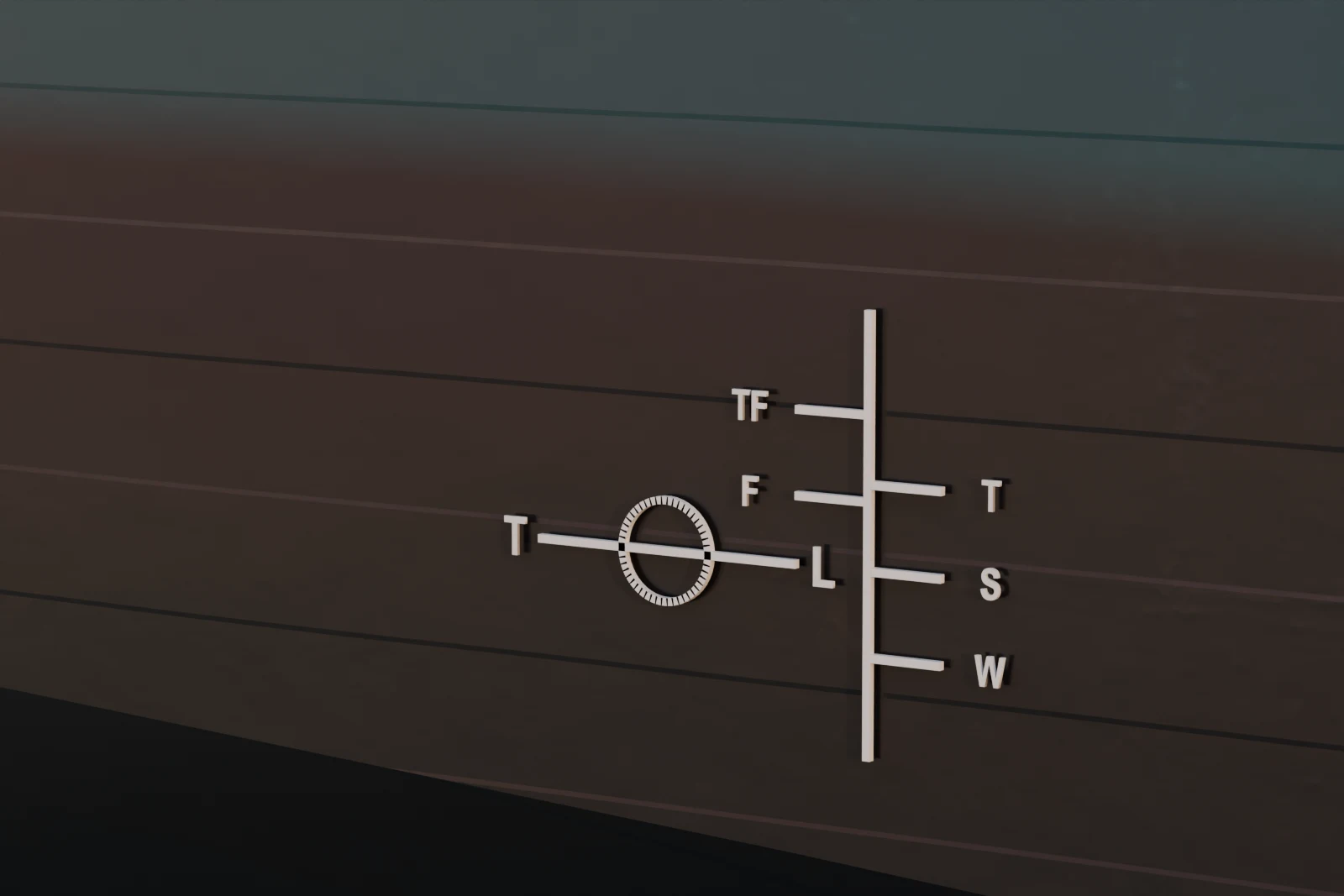 The load line mark on the hull of KERTE MERSİN: a circle with a horizontal line through it, the letters T and L on either side, and the comb of seasonal marks abaft it.