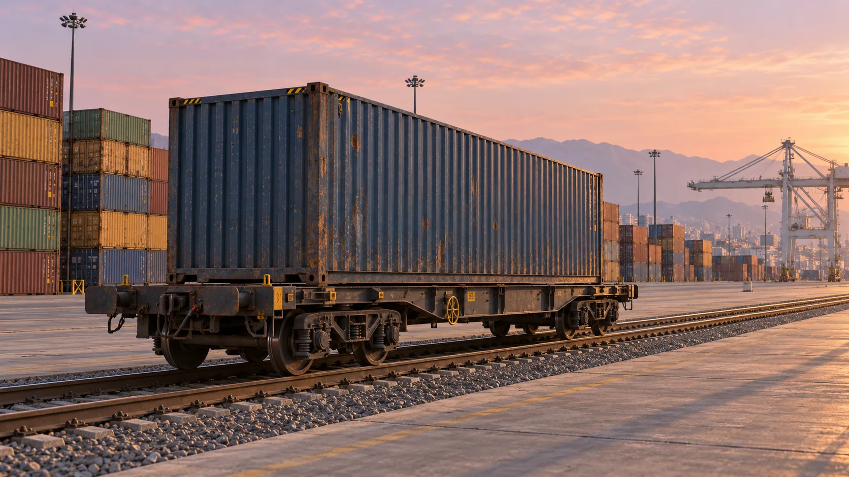A container flat wagon on the terminal's rail siding carrying a KERTE box, deck height 1.155 metres above the rail.