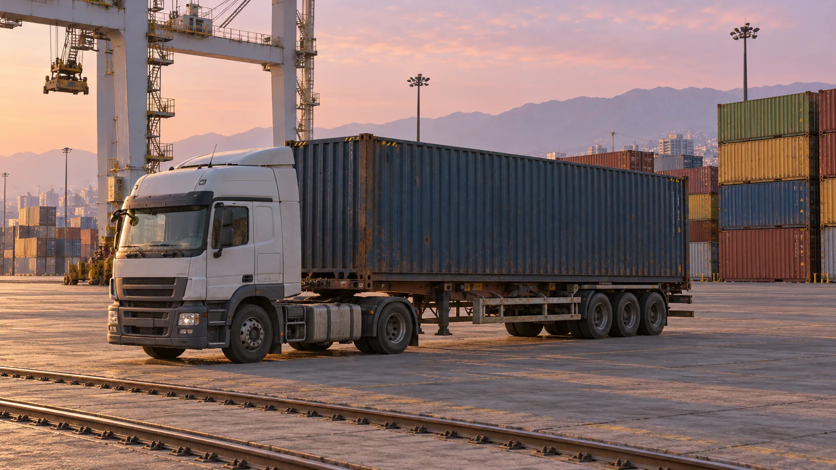 A tractor unit and skeletal chassis on the terminal apron with a KERTE container twist-locked down, the cranes behind.