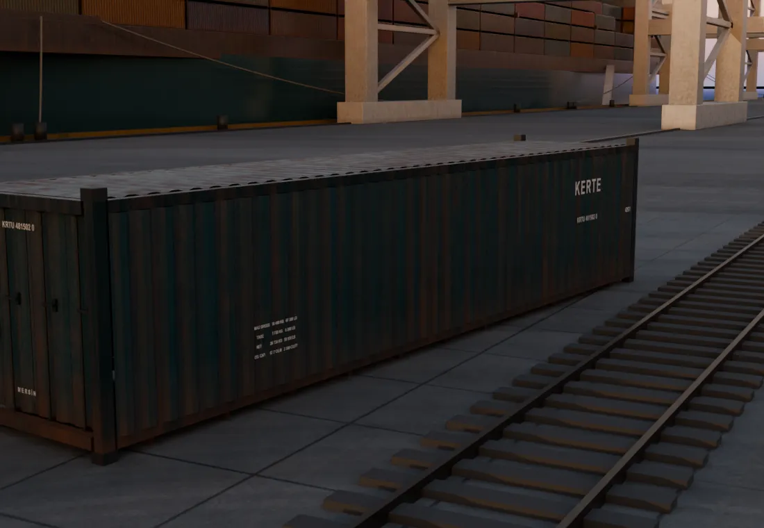 A full turn around container KRTU 481502 0 standing on the apron at Mersin, the rail siding beside it and the gantry cranes and the sea behind.