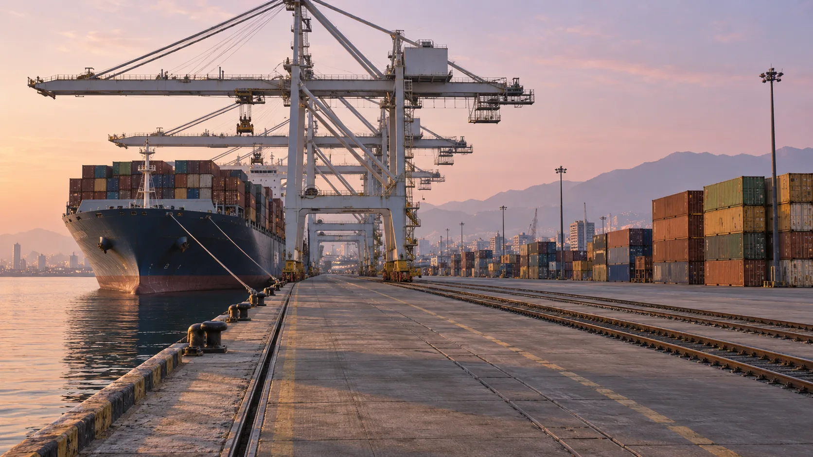 Looking along the Mersin container quay at first light, the gantries receding and the ship beyond them.