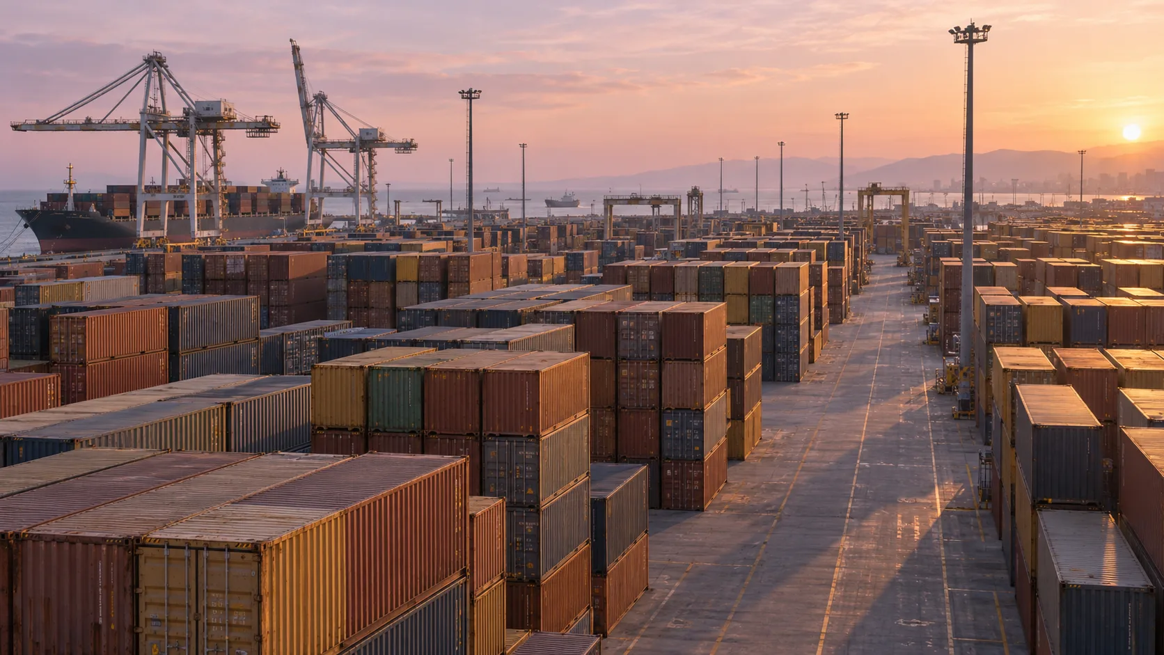 The container yard at Mersin at dawn, blocks stacked four and five high.